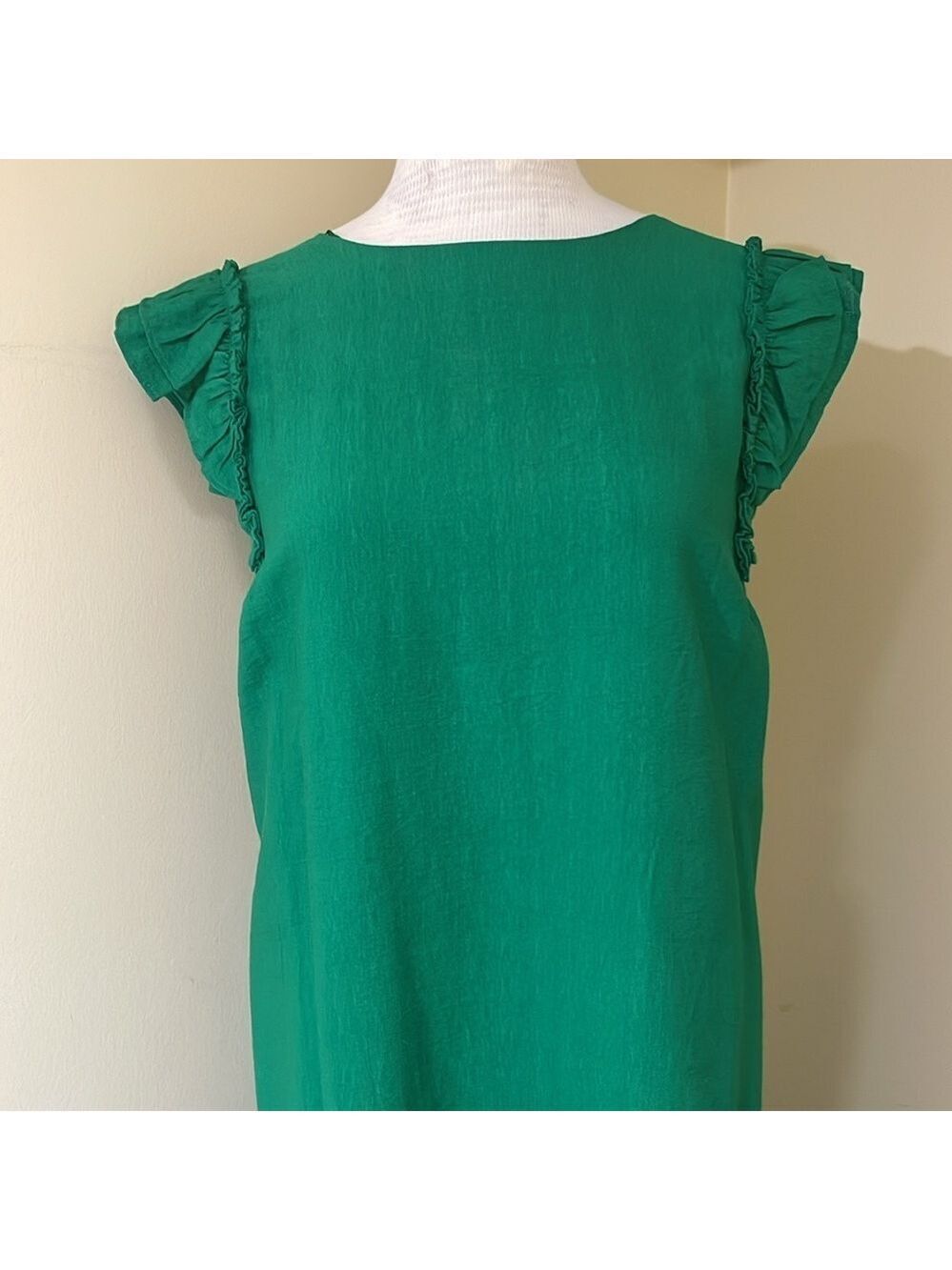 CeCe Green Solid Round Neck Shift Dress Ruffle Flutter Sleeves Knee 18W 7431916 - Picture 3 of 7